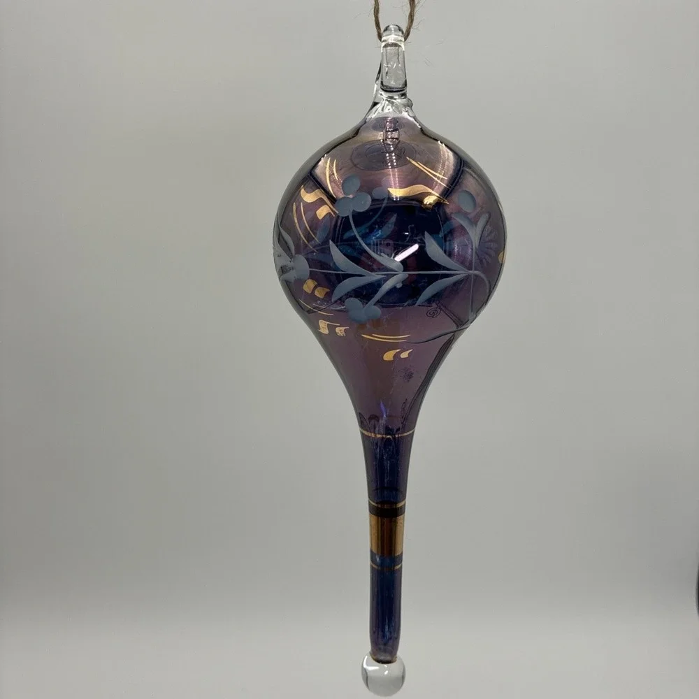 Vintage Purple Iridescent Hand Blown Glass Teardrop Ornament Gold Floral 8.5